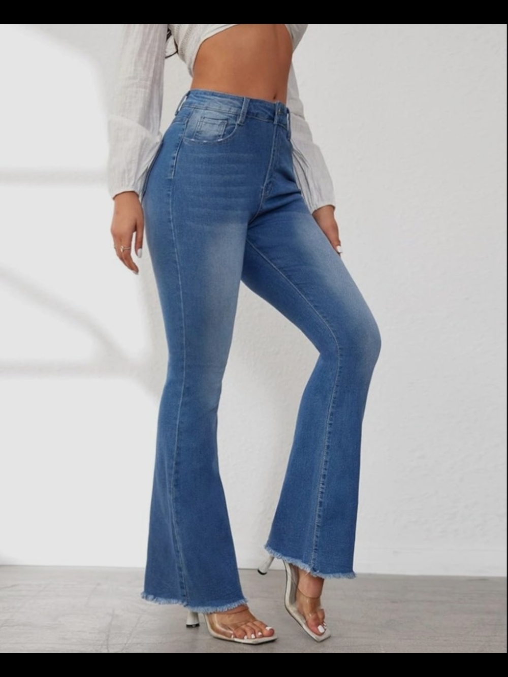 Blue Women's Flared Raw Hem Jeans